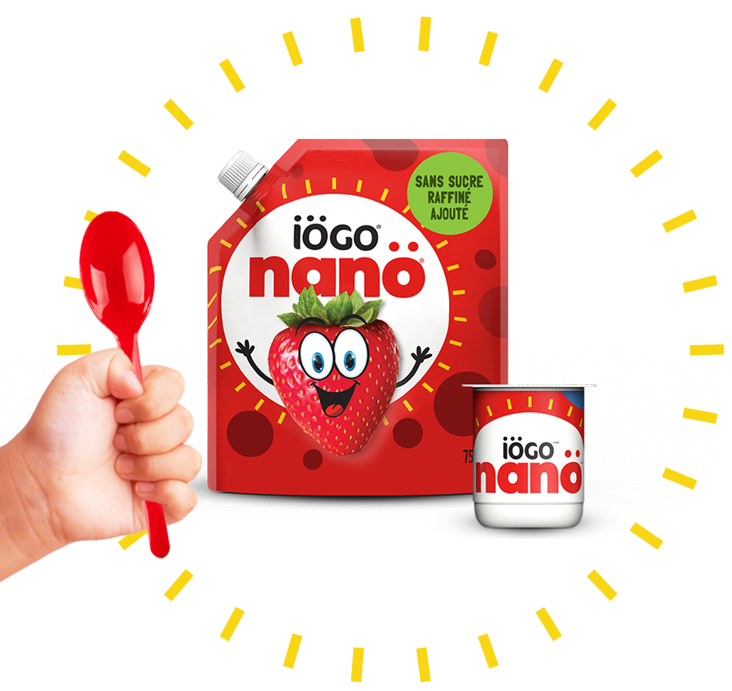 Yogourt Iögo Nanö sans sucre raffiné ajouté.
